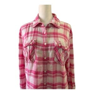 Aeropostale Pink and White Plaid Shirt Convertible Sleeves XL 100% Cotton